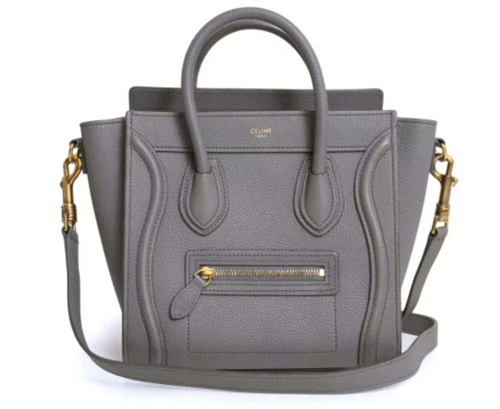 セリーヌ CELINE ラゲージ ナノ ショッパー 2Way 斜め掛け ショルダー ハンドバッグ ドラムドカーフ レザー コール グレー アンティークゴールド金具 189243AQL